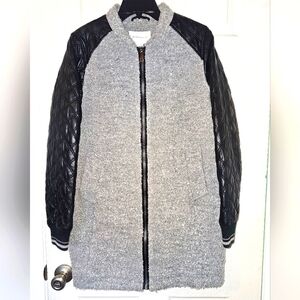 BCBGeneration Black and Gray long Varsity like Jacket with Quilted Sleeves
